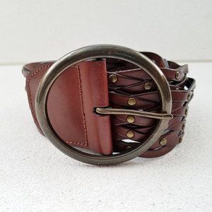 Brown Leather Woven Belt w/ Brass Grommets/Buckle